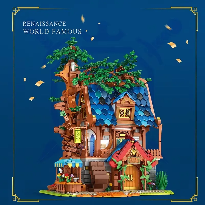 Creative Assembly of Medieval Treehouse Models Building Block Toys Urban Street View Series Puzzle DIY Building Block Toys