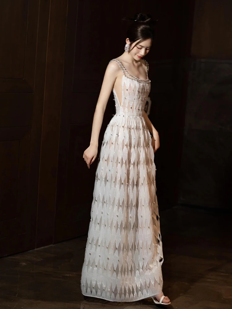 

Элегантное вечернее свадебное платье с жемчужными бусинами, А-силуэт, с завышенной талией, длинное, для невесты