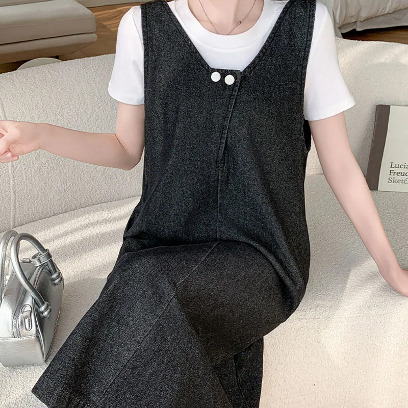 Vestido vaquero holgado informal con tirantes finos para mujer, vestido vaquero de talla grande sin mangas, pantalones vaqueros negros, bata femenina KE25