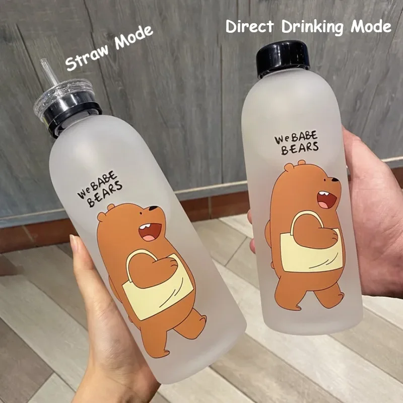 1000ML Portable Large Cartoon Water Bottle Panda Cute Bear Frosted Straw Mug Food Grade Heat Resistant Good Feeling Water Bottle