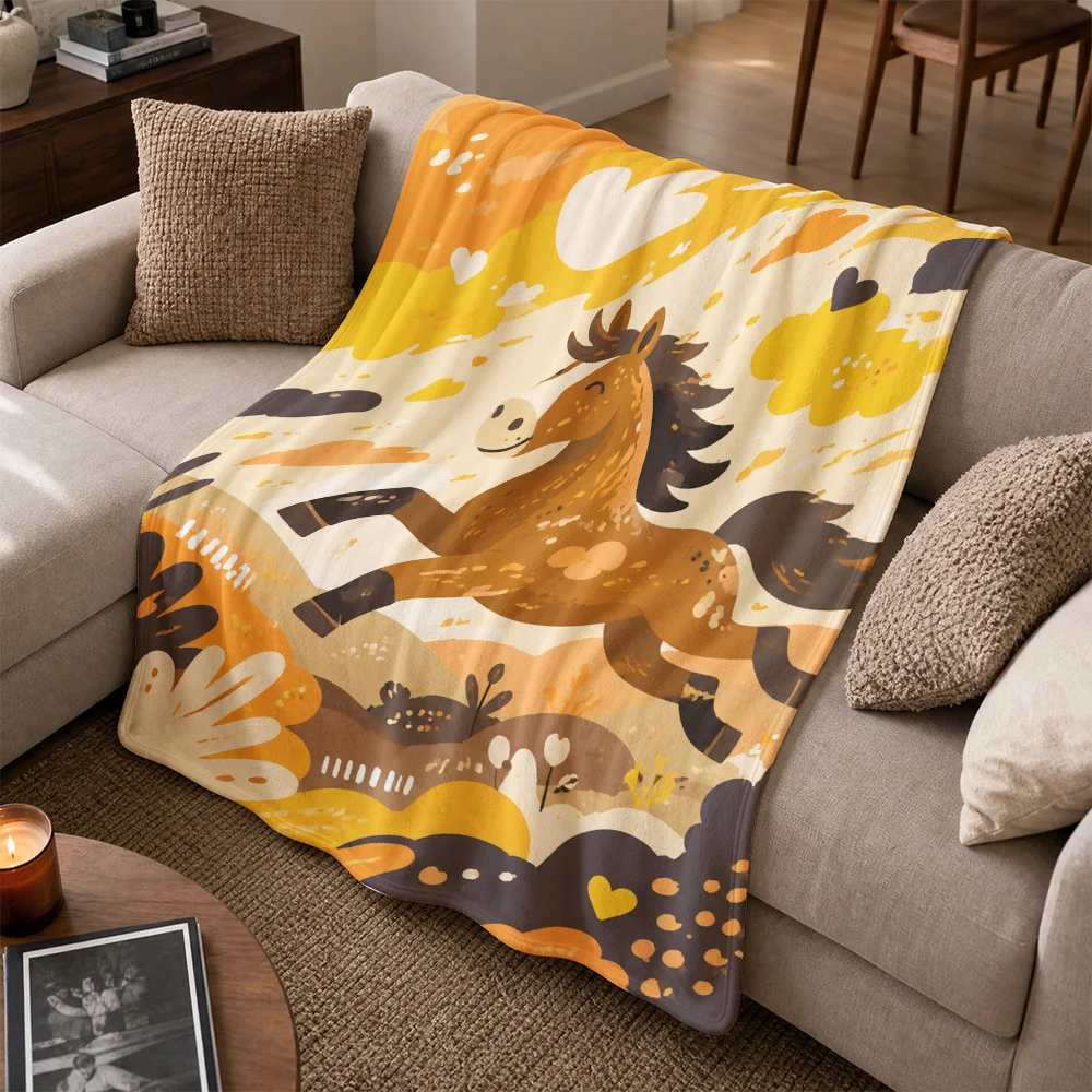 Luxurious Boho Throw Blanket for Sofa Couch Decorative Animal Horse Landscape Pattern Cozy Farmhouse Fall Autumn Decor Gift Acce