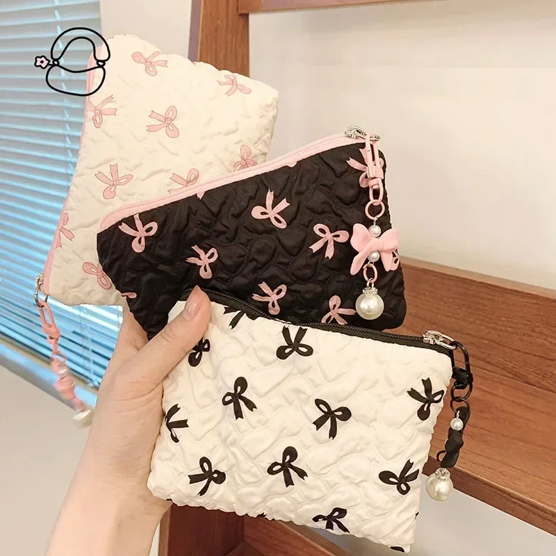 Cream Pink Bow Makeup Bag for Women Cosmetic Bag Travel Organizer Beauty Cosmetic Storage Bag Sanitary Napkin Bags Coin Purse