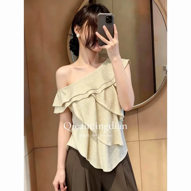 Women Clothes Summer Korean Fashion Casual Polka Dot Solid Color Diagonal Collar Female All-match Fashionable Sleeveless Top Tee