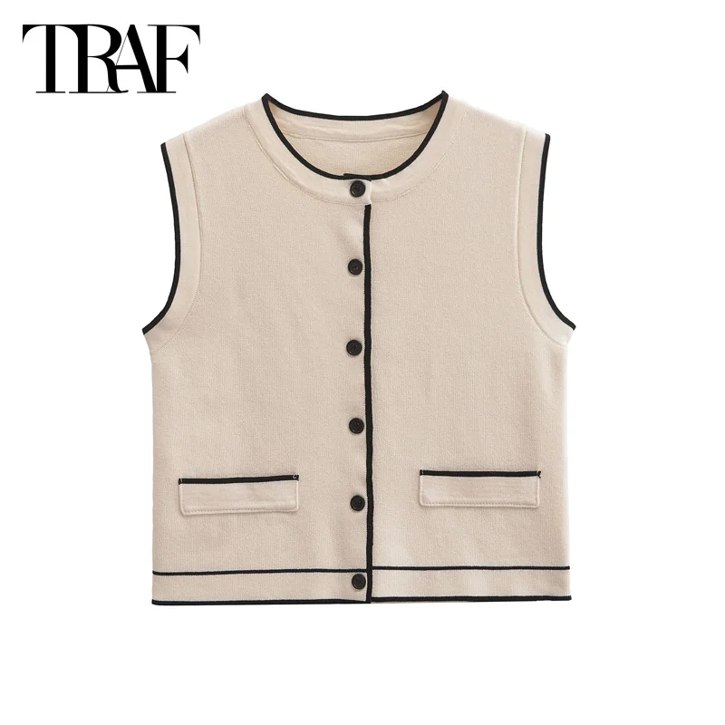 TRAF Women\'s Cropped Vest 2024 Autumn Elegant Short Tank Vest Tops Ladies Fashoin Casual Beige Striped Sleeveless Waistcoats