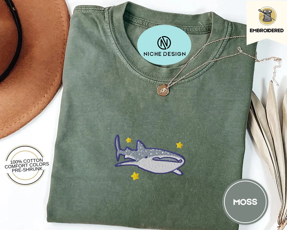 

Embroidery Sharkwhale Cartoon Pattern Y2K Women‘s Clothes Cotton Casual T-Shirt Crew Neck Graphic Colorful Tees StreetWear