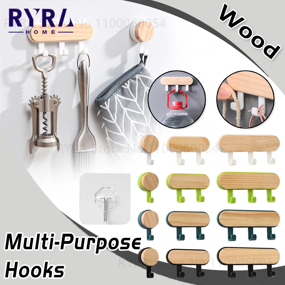 Wooden Hook Strong Self Adhesive Door Wall Hangers Hook Hat Scarf Storage Hook Key Holder Organizer Kitchen Bathroom Accessories