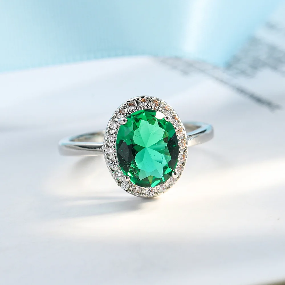 Fashion Female Jewelry Silver Color Round Emerald Mosaic Cubic Zircon Finger Rings For Women Promise Wedding Jewelry Gift