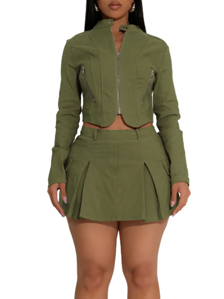 المرأة الجديدة سحاب أكمام طويلة الأعلى وتنورة قصيرة مثير مكونة من قطعتين #3