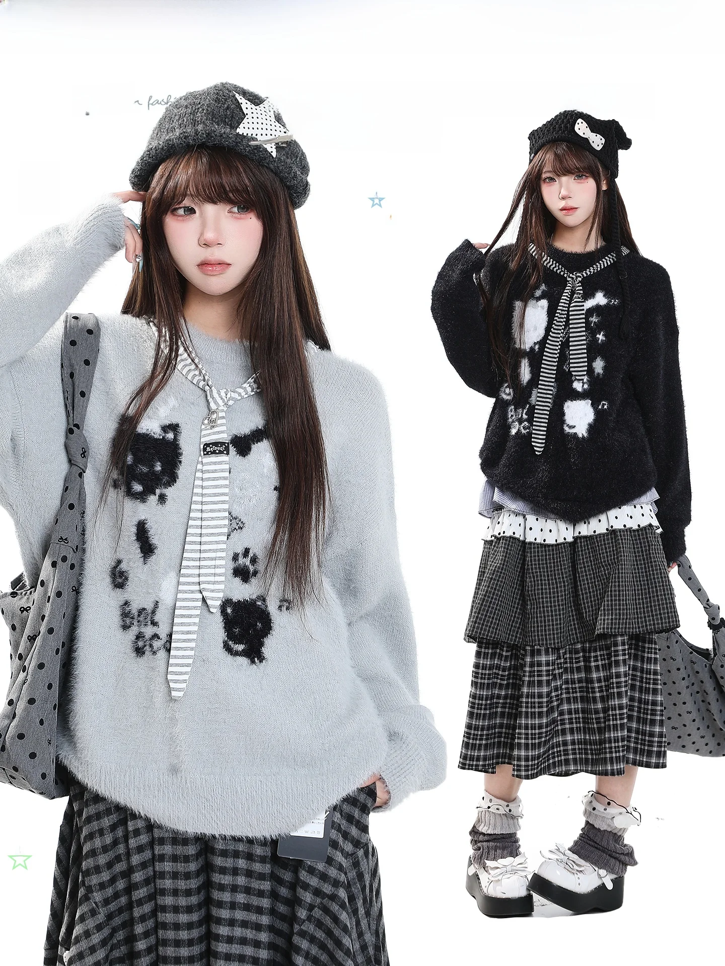 American Retro Cartoon Motif Knitted Sweater Women's Loose Casual Style Fall Winter Soft Cozy Long Sleeve round Neck Top
