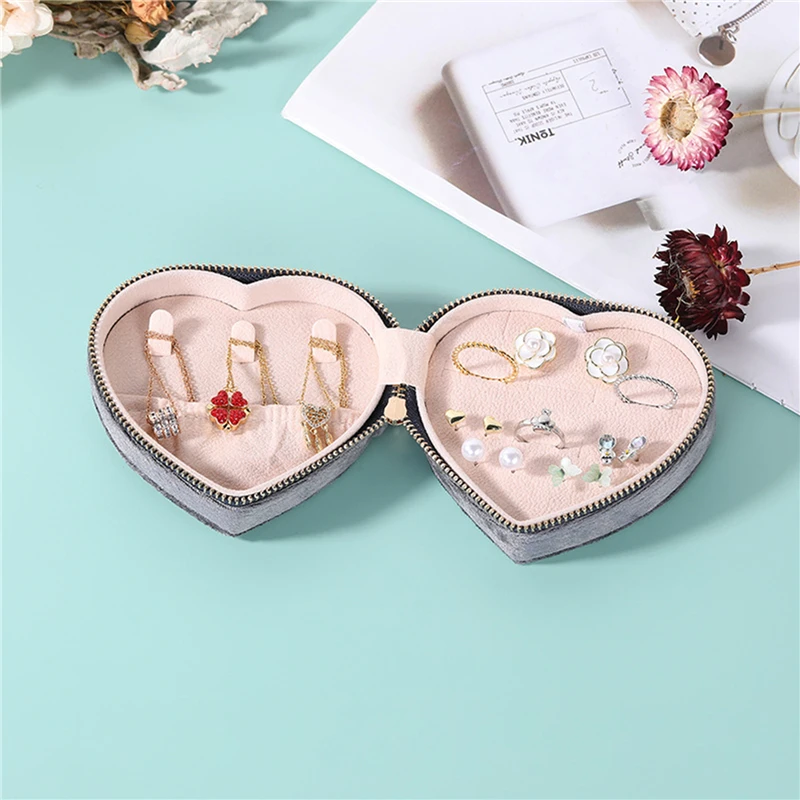 Heart-Shape Small Jewelry Box Travel Jewelry Case Girl Mini Box for Rings Earrings Necklaces Organize Velvet Jewerly Zipper Box