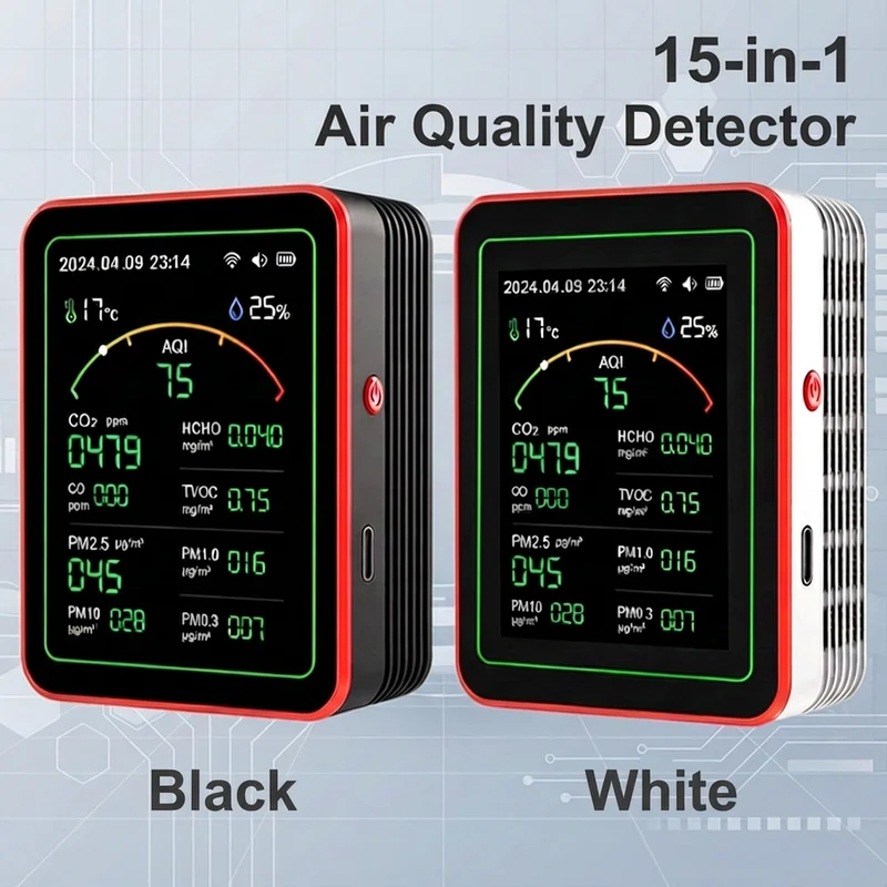 Heim-Tuya-WiFi 15-in-1 Luftqualitätsdetektor mit TFT-Display, Tragbarer AQI PM0.3 PM1.0 PM2.5 PM10 CO CO2 TVOC HCHO Tester mit App-Steuerung