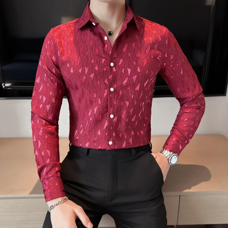 2024 Spring Personalized Jacquard Shirt for Men Slim Fit Casual Social Shirts Korean Long Sleeved Business Banquet Party Shirt