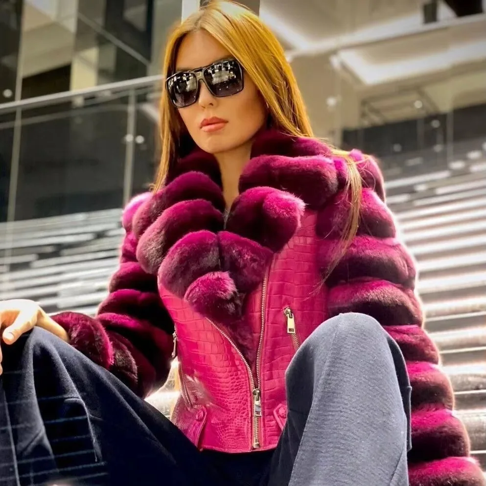 Genuine Fur Leather Jacket Women Crocodile Embossed Biker Jacket Striped Rex Fur Sleeves Short Moto Coat Winter Warm Outerwear
