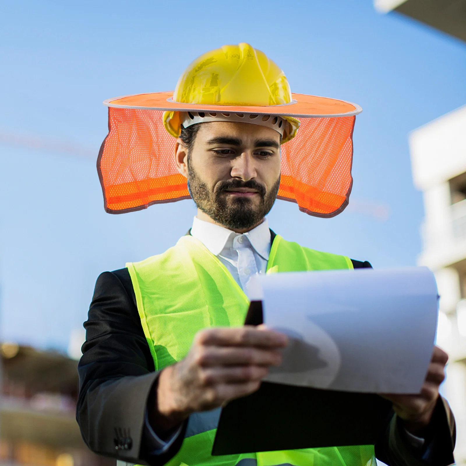 

Hard Hat Sun Shade Full Brim Attachment Reflective Orange Chemical Fiber Visor for Construction Workers Outdoor Use