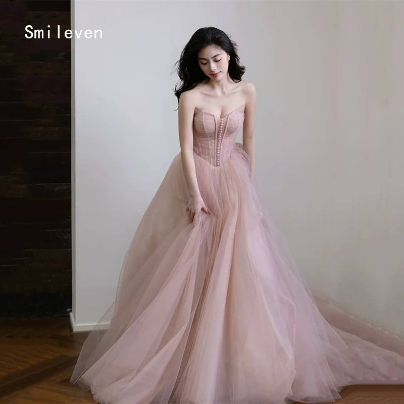 

Smileven Pink A-line Corset Prom Dress Strapless Puff Tulle Evening Dresses Romantic Button Party Gowns Customized 2026