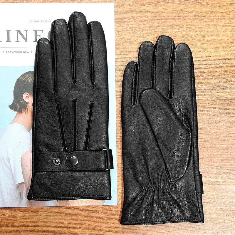 Real Leather Men Gloves Autumn Winter Thermal Plushed Lining Fashion Black Sheepskin Driving Gloves Male D0135