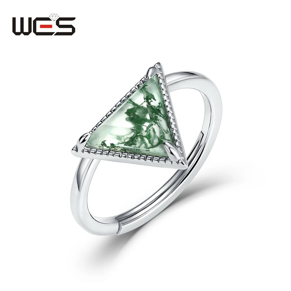 

WES 925 Sterling Silver Unique Natural 9*9mm Moss Agate Triangle Rings for Woman Valentine Lady Gifts Wholesale Fine Jewelry