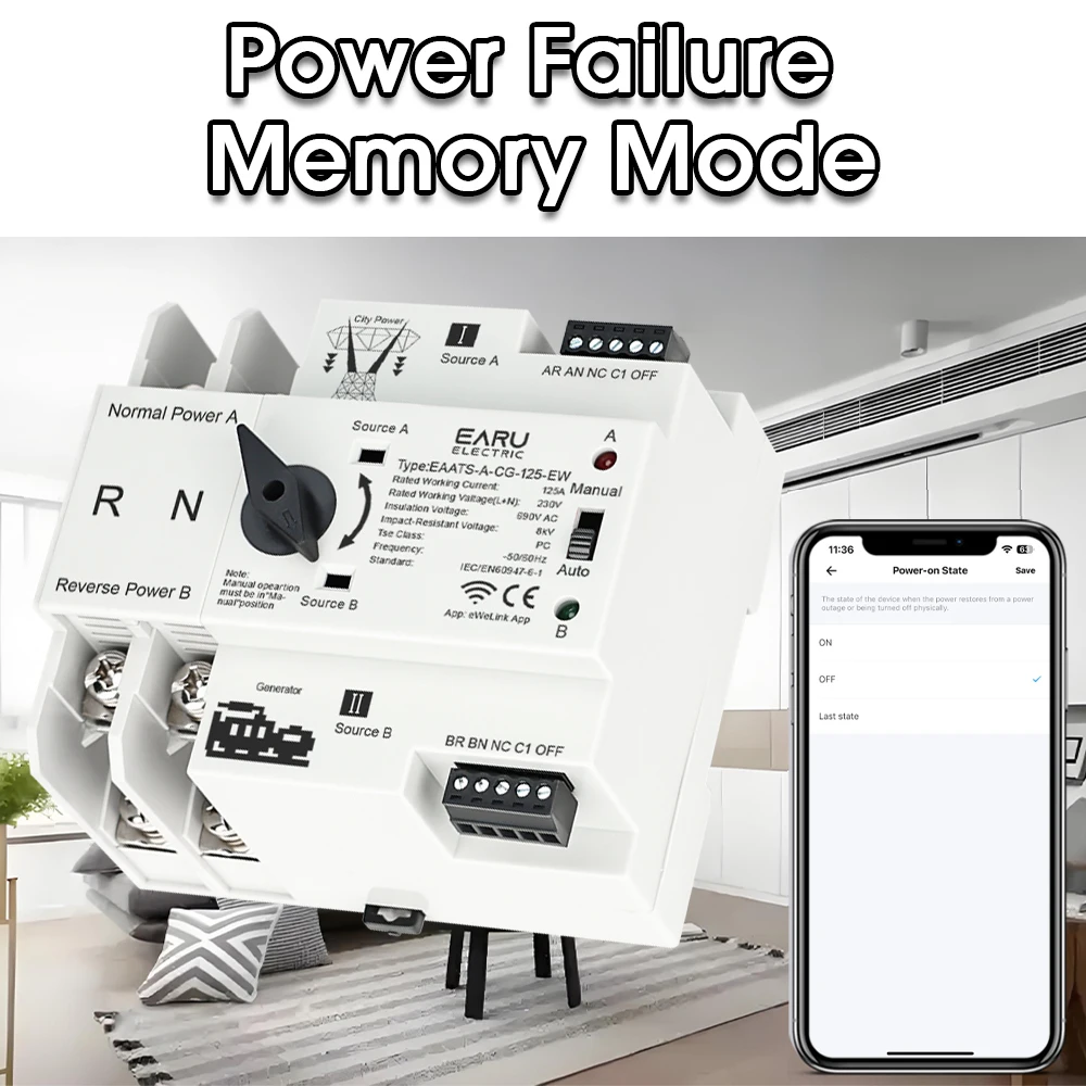 eWeLink WiFi Smart Remote Control 2P 125A AC 230V ATS Dual Power Automatic Transfer Electrical Selector Switch Uninterrupted