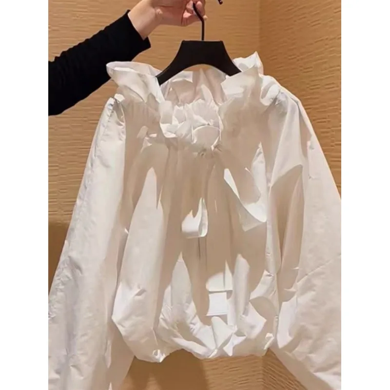 

French Style Elegant Design Women's Top Autumn 2025 Hot New Niche Minimalist White Ruffle Bow Shirt