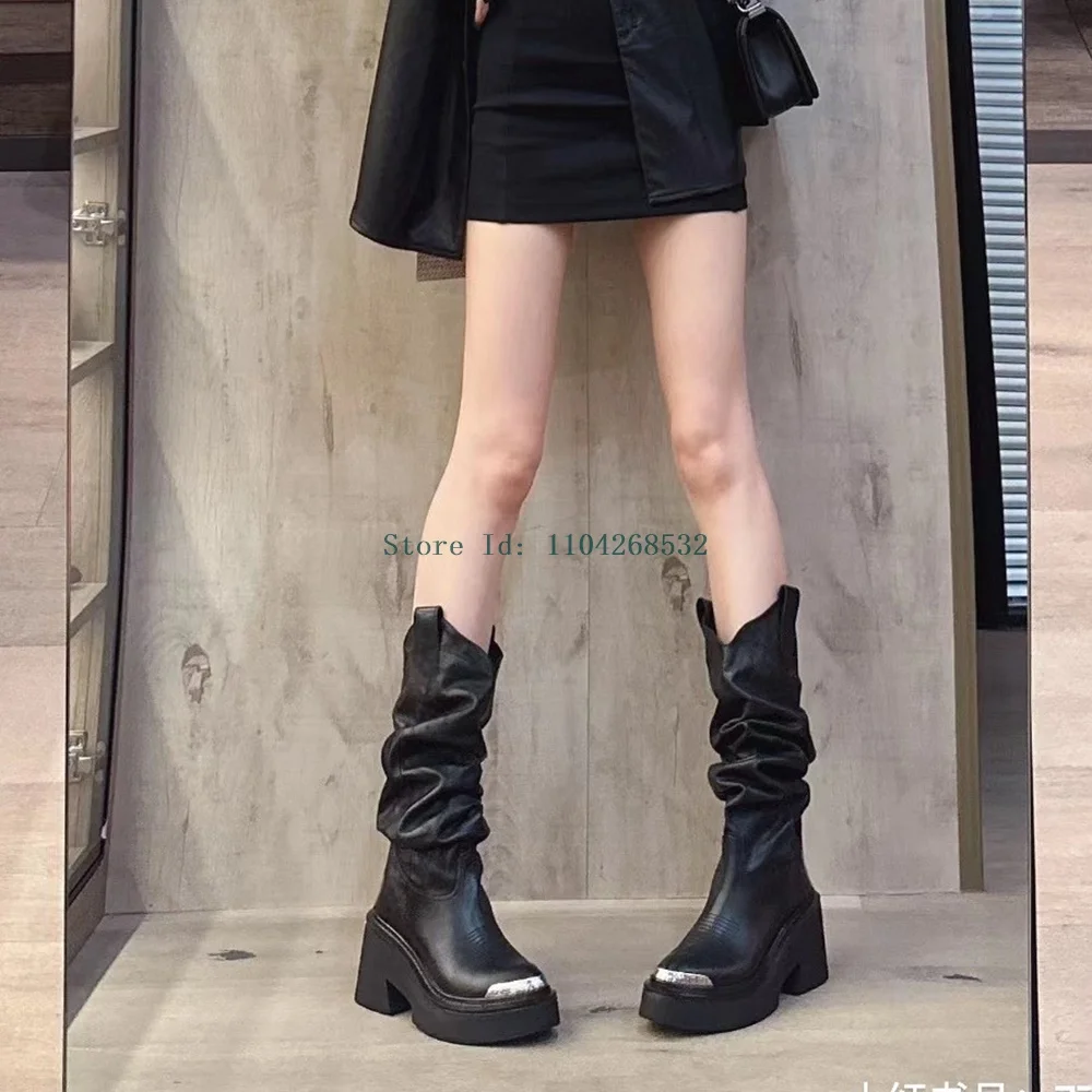 

Metal Decoration Pleated Thick Heel Slouchy Boots Square Toe Matte Leathet Slip On Solid New Arrivas Fashion Motorcycle Boots