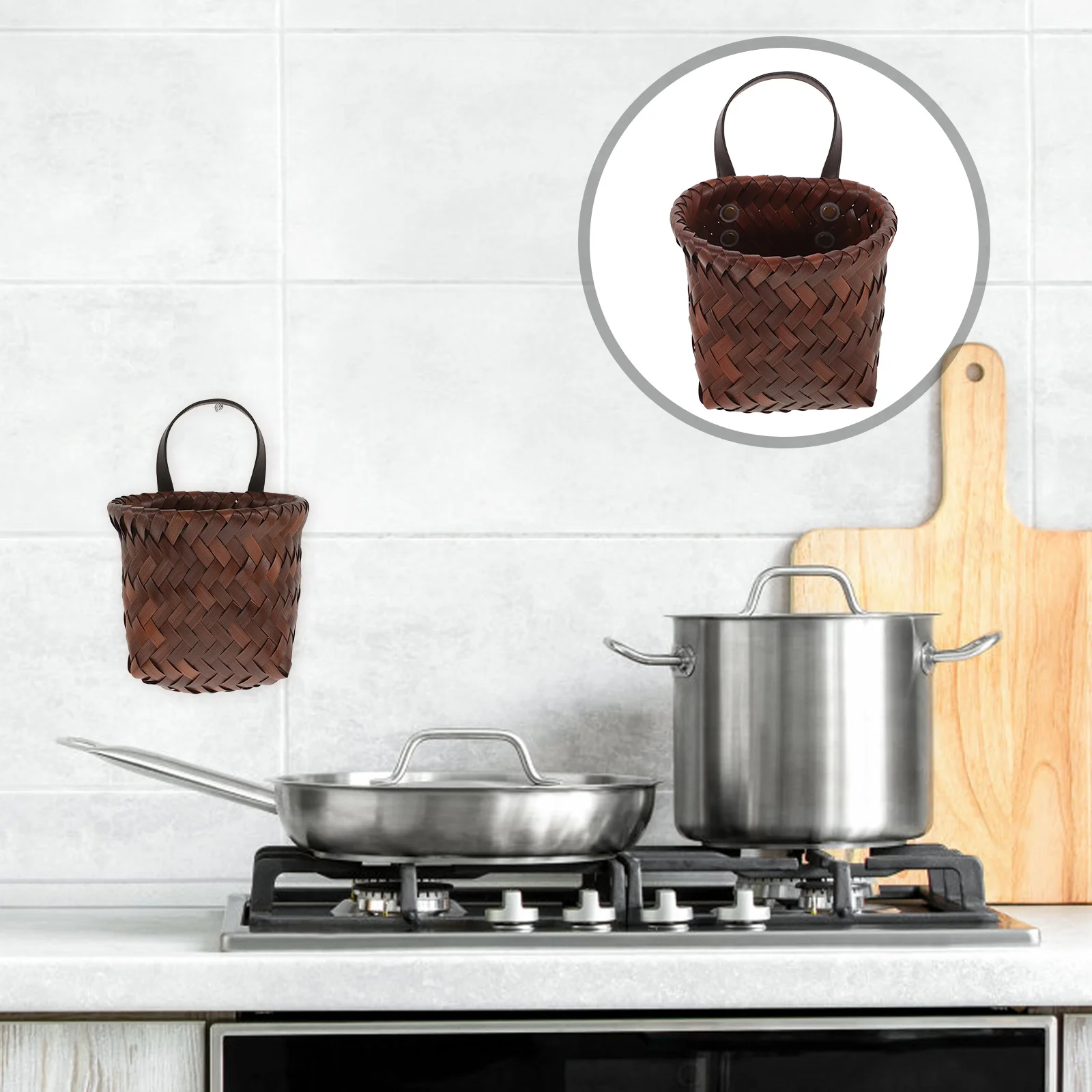 

Woven Wall Basket Storage Hanging Fruit Vegetable Organizer Kitchen Decor Light Brown Pu Retro Small Home Utility