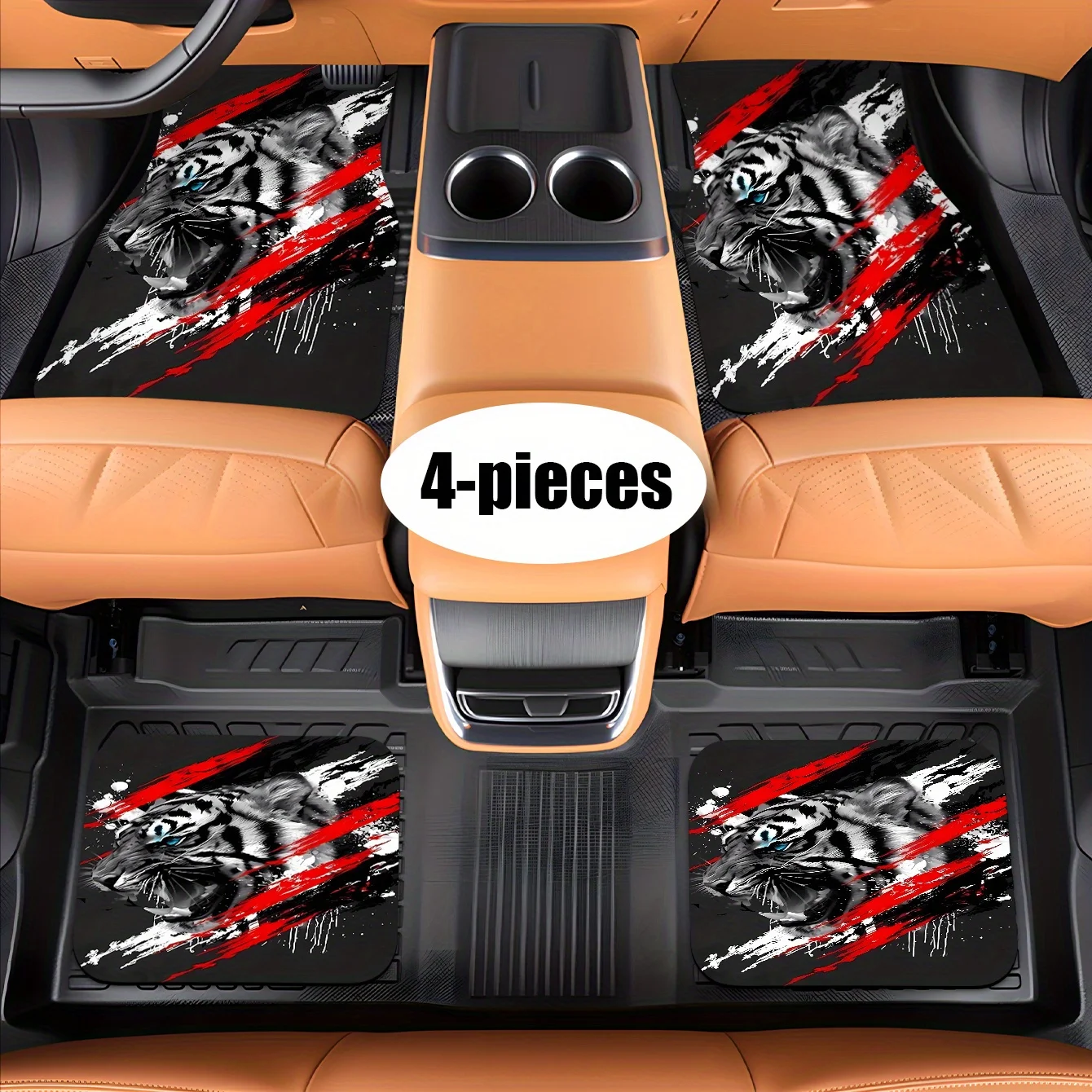 

4pcs Black And White Tiger Print Car Mats - Fit For All-Season Use, Heavy-Duty Tiger Stripe Design Front/Rear & Trunk Liners, Ea