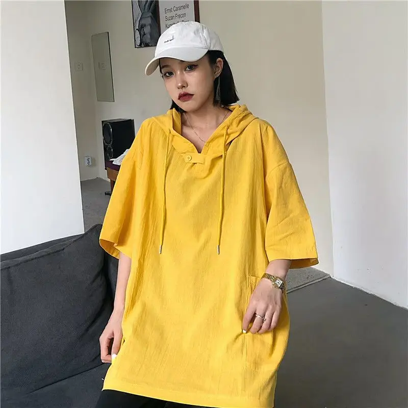 Hoodies Women Summer Loose Pockets Designed College Popular Young Simple Short-sleeve Unisex Couple Harajuku Streetwear Hip Hop