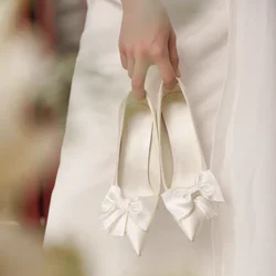Ele White High Heels with Fine Stiletto And  Knot for Brides Wedding Dres Faionable Single oes Korean Sle