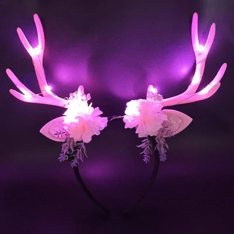 LED Light Up Fairy Flower Antlers Crown  Hair Floral Deer Headbands Cosplay Reindeer Ears Accessories  Navidad Wedding Festival