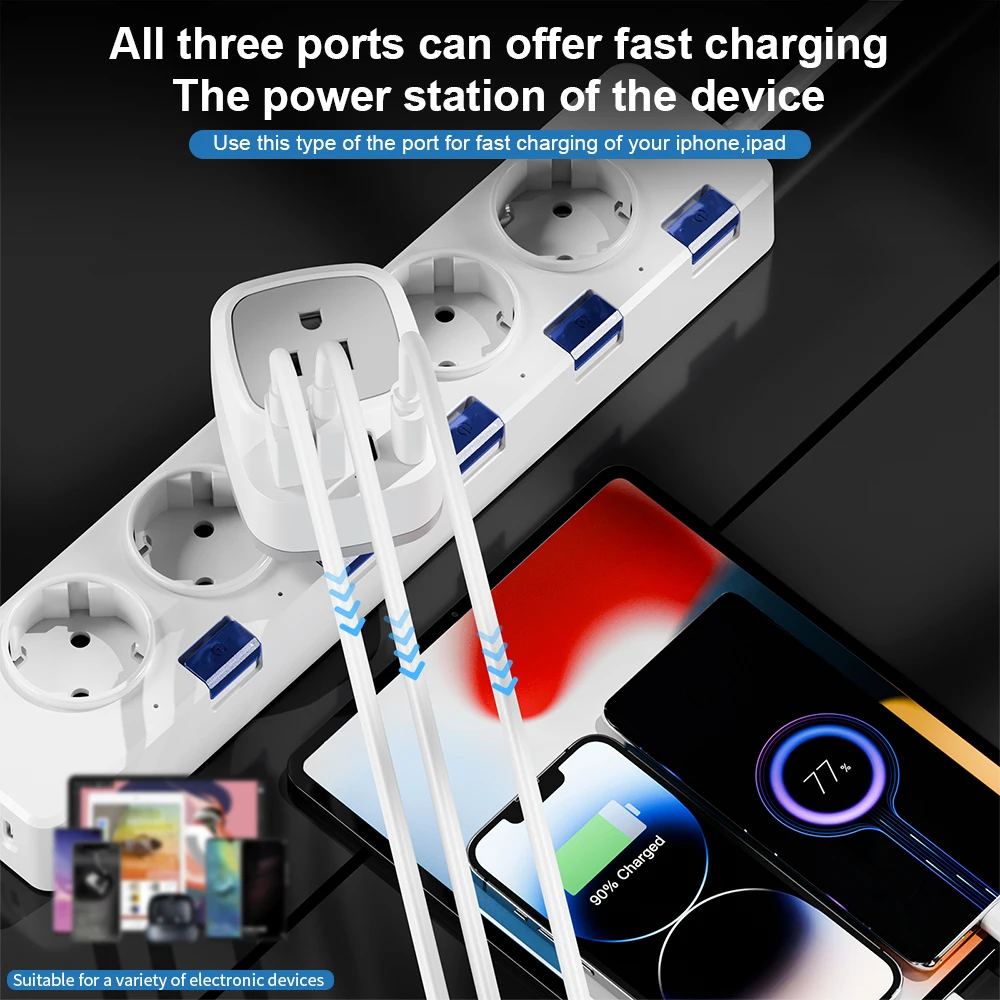 PUJIMAX 5 in 1 EU Travel Plug Travel Adapter Socket with 1 AC Outlet and 4 USB Charging Ports Wall Outlet Power Strip For Traver