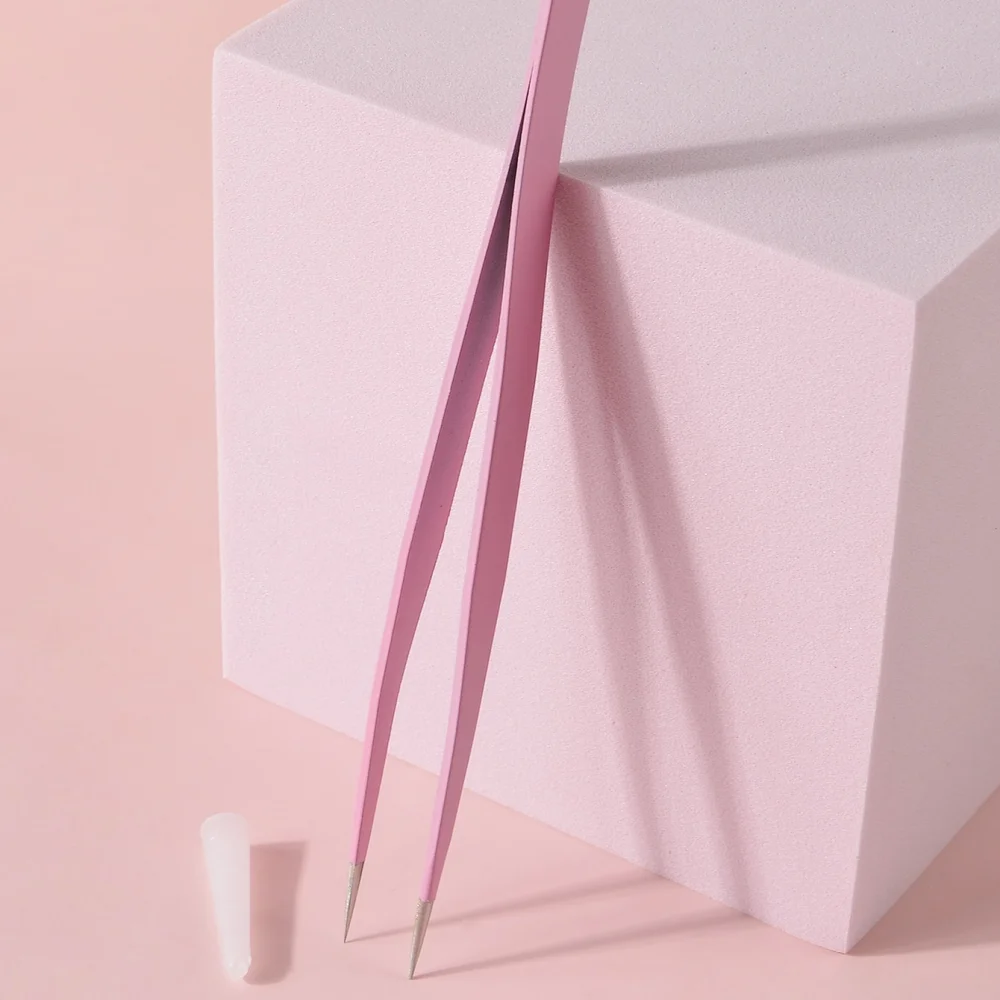 ピンクのネイルアートピンセット 1 個 - ラインストーンやネイルデコレーション用のステンレススチール製ストレートチップツール