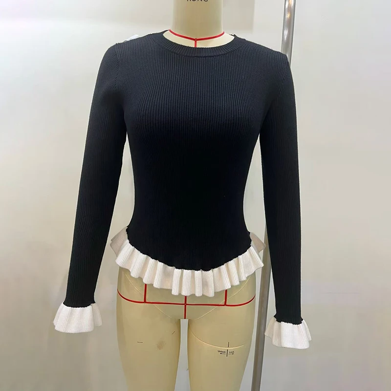Tornova 패션 여성용 러플 니트 스웨터 슬림 오 넥 긴 소매 풀오버 스웨터 가을 겨울 니트 탑 여성