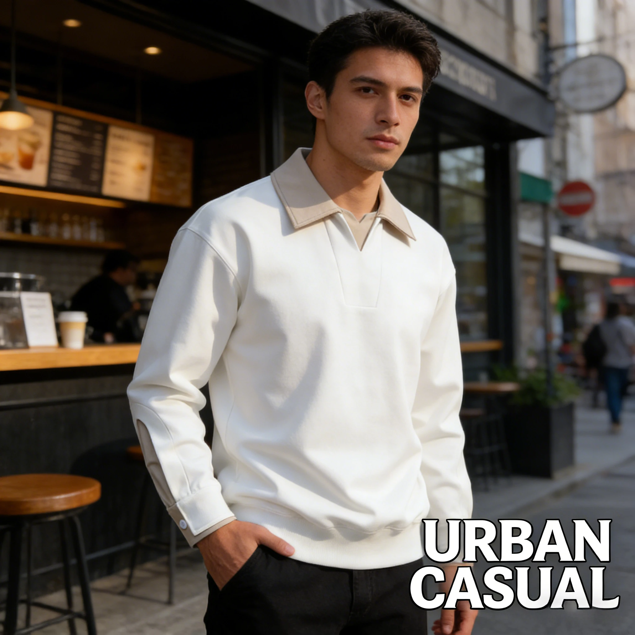 

Mens Autumn Lapel Top Fake Two Piece Splicing Casual Long Sleeve Pullover Trendy Shirt Fashion Streetwear Daily Wear