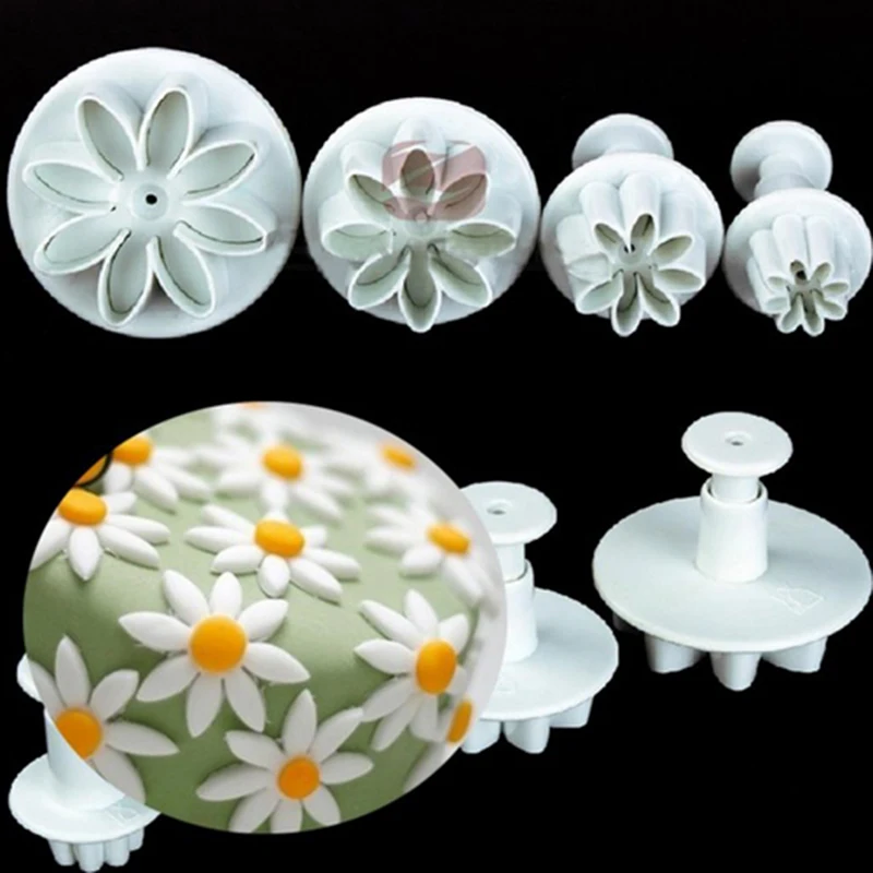 

4pcs Sugar Flipping Cake Tool Daisy Sugar Flipping Flower Mold Chrysanthemum Cake Embossing Mold