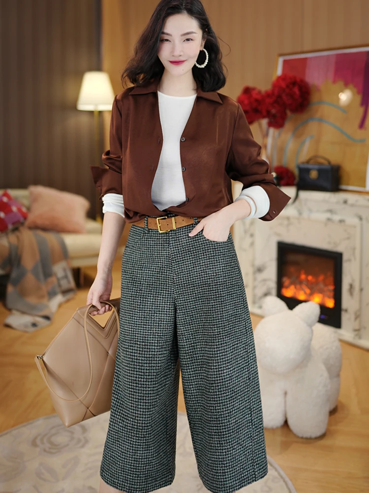 

Женские брюки Ele Slimming из шерстяной смеси с высокой талией, прямые, укороченные (7/8), винтажные, с цветочным узором и бахромой, вязаные, повседневные