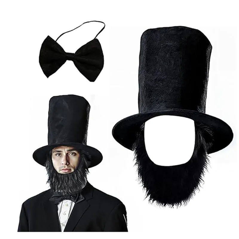 Halloween Gentleman Costume Set, Top Hat Bow Tie Beard Kit, Abraham Lincoln Cosplay Accessories for Party Dress Up