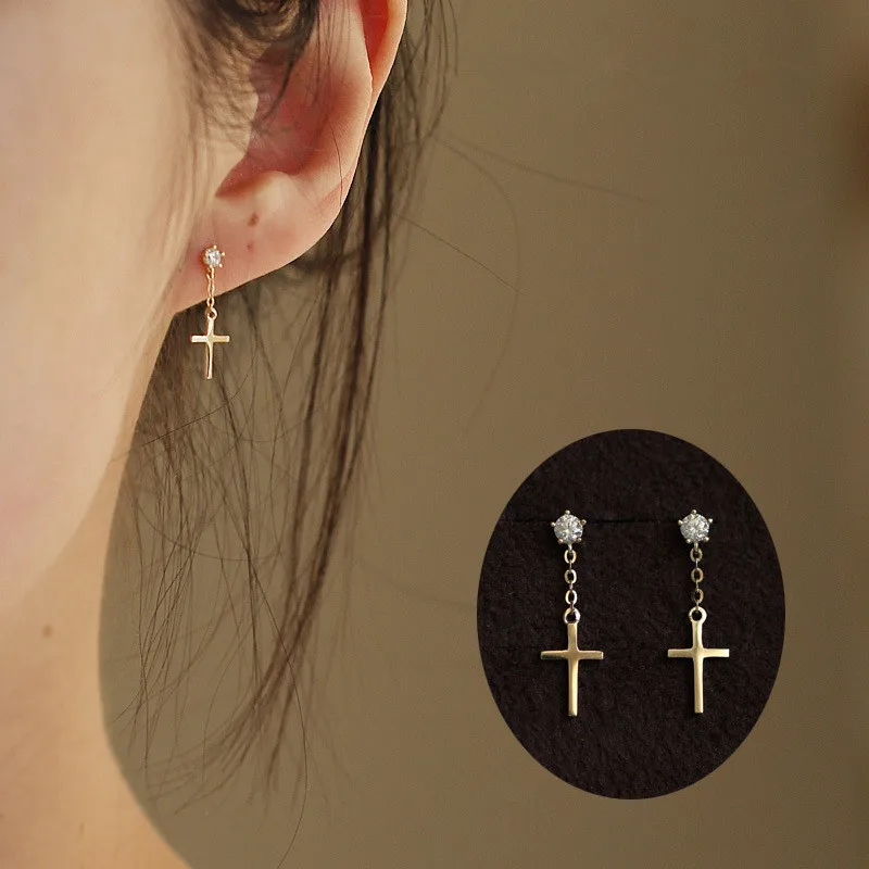 

S925 Silver Plated 14K Gold Korean Style Cross Tassel Stud Earrings For Women Fashionable And Exquisite Student Jewelry