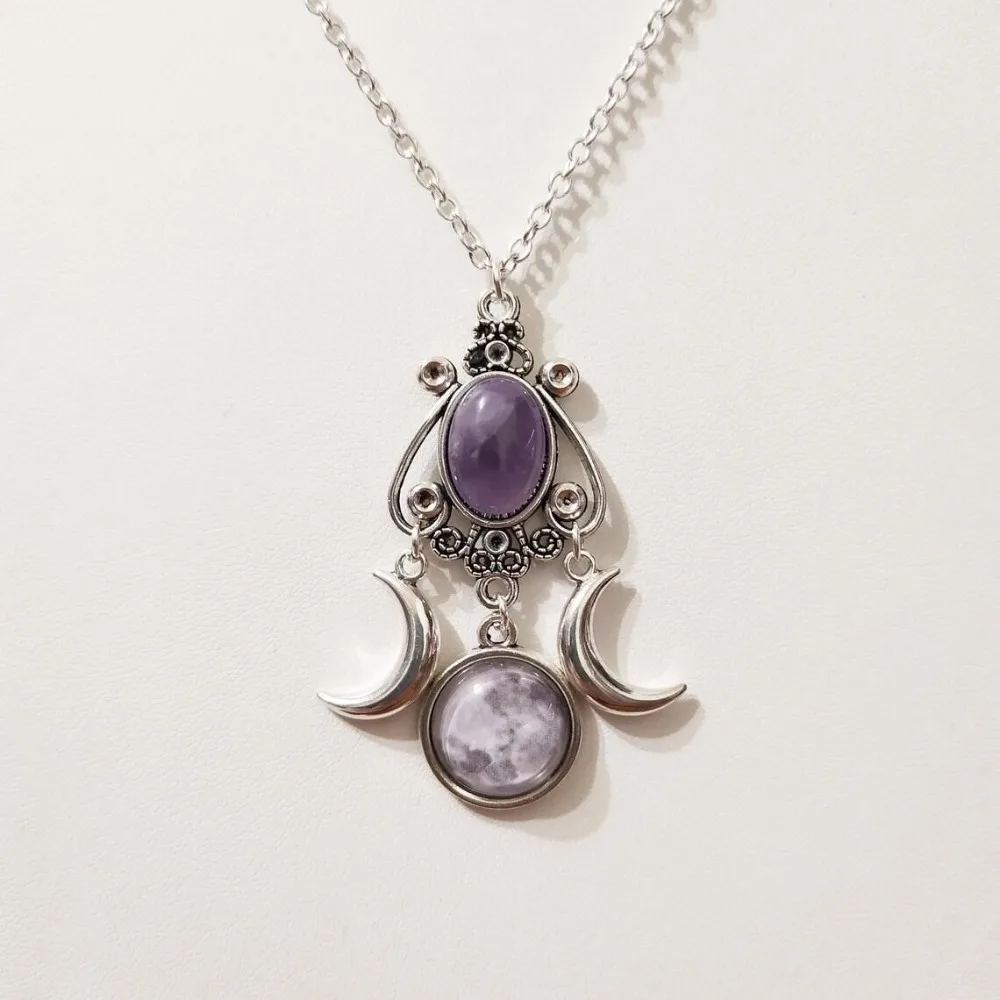 Personalidad Punk Color plateado Triple diosa de la luna redondo ovalado amatista colgante collar para mujeres encanto creativo joyería regalos