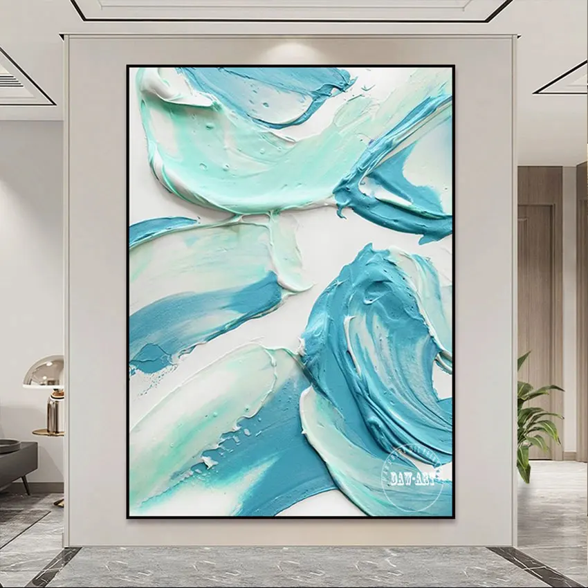 

Abstract Art Painting Canvas Picture White Blue Thick Acrylic Texture Knife Art Hand Painted Unframed Restaurant Wall Decoration