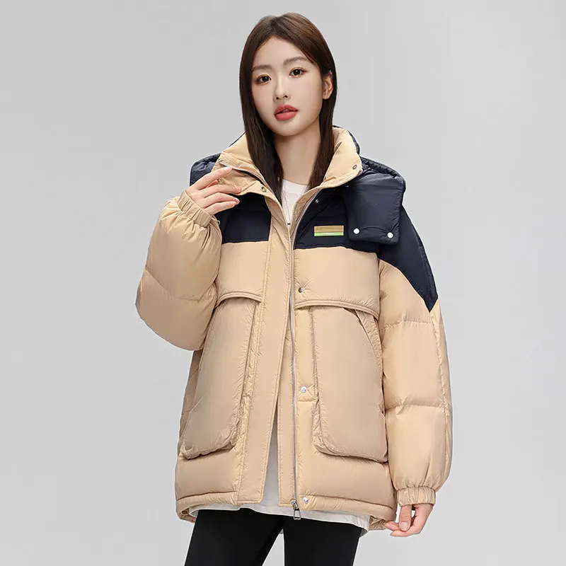 Women\'s Winter Down Jacket 2024 New Outerwears Color Clash Patchwork Hooded Puffer Coats Sporty Trend Outdoor Short Coats Down