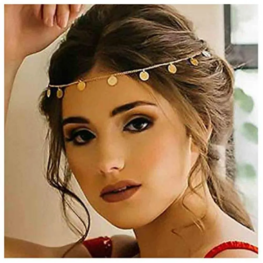 

Olbye Boho Gold Head Chain Tiny Sequin Headband Coins Disc Headchain Bridal Hair Piece for Women and Girls Gold Headdress Hair