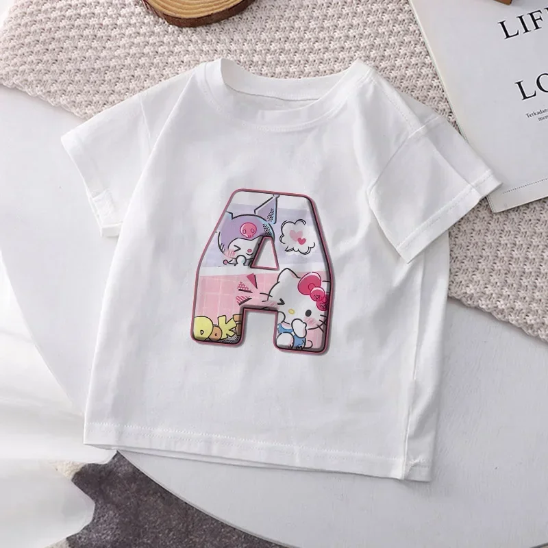 Camiseta con letras A, B, C, D, Kuromis, Melodys, Kawaii, dibujos animados, Top de moda informal