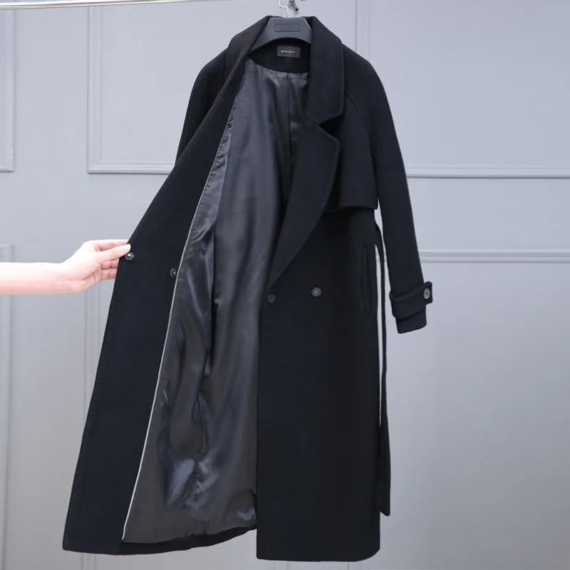 

2023 Winter New Women Temperament Long Below The Knee Woolen Coat Female Thickened Pure Color Fashion Casual Versatile Outerwear