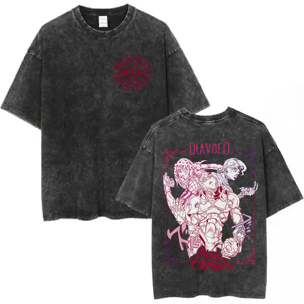 Vintage Washed Anime JoJo Bizarre Adventure T-shirt Diavolo Doppio Manga T-shirts Unisex Cotton Casual Loose T Shirts