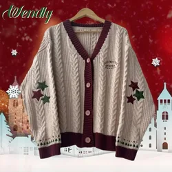 Christmas Cardigan Women New Year Gift Winter Soft Knitted Cardigans with Star Embroidery for Holiday Christmas Tree Sweater Top