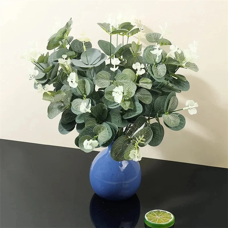 10pcs Artificial Plastic Plants Leaves Eucalyptus Leaves Bunch Branch Green Stems Wedding Faux Fake Flowers Cake DIY Decor