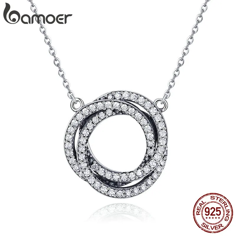 

Bamoer Real 925 Sterling Silver Minimalism Geometric Stacked Circle Pendant Necklaces for Women Clear CZ Fine Jewelry SCN259