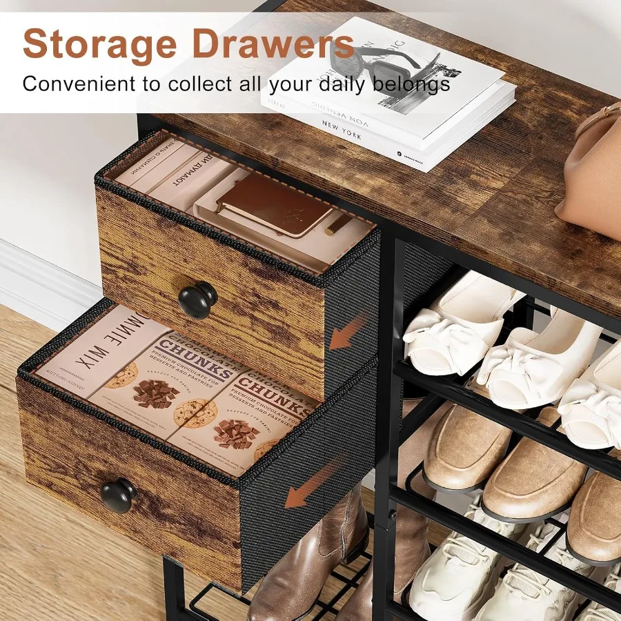 5-уровневая полка для обуви с 2 тканевыми ящиками и металлическим каркасом с дизайном деревянной доски для организации 16–20 пар обуви Идеально подходит