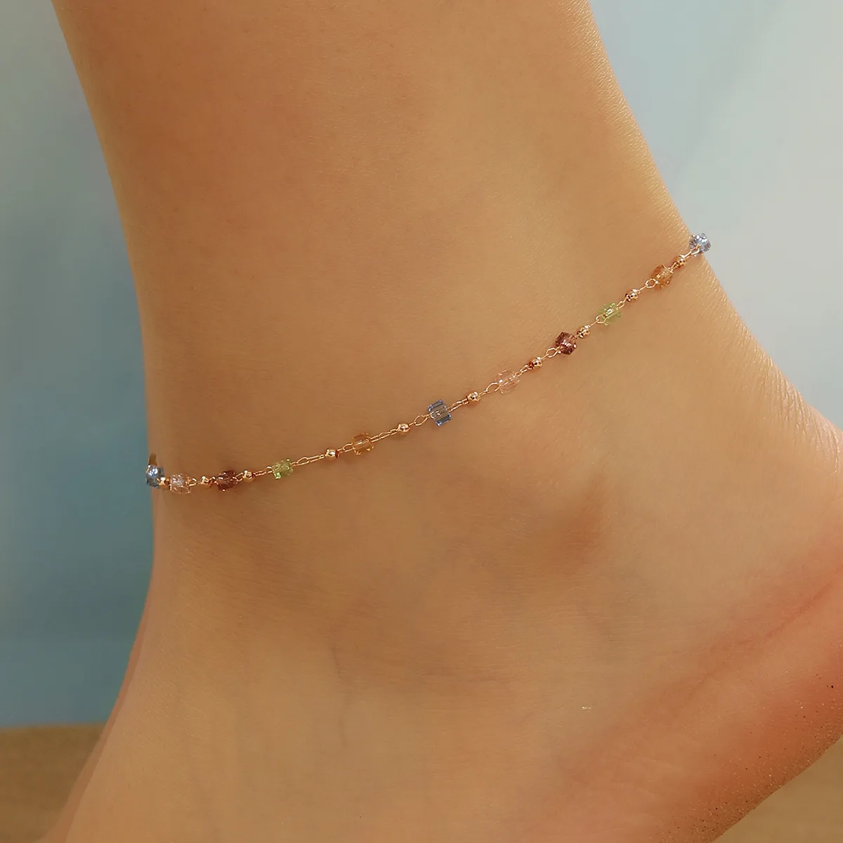 Summer Beach Colorful Crystal Chain Foot Chain Multi Color Bohemian Geometric Foot Chain Bracelet