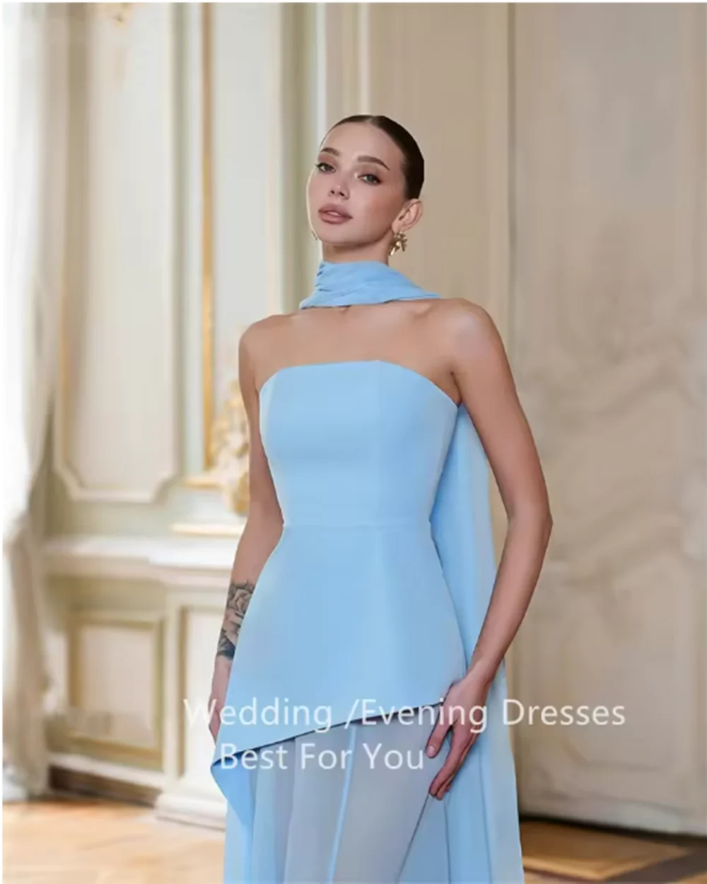 Abiti da sposa trasparenti Senza spalline Limo laterale A-Line Sciarpa lunga Abito da ballo da sposa Abito da sposa rosa blu personalizzato